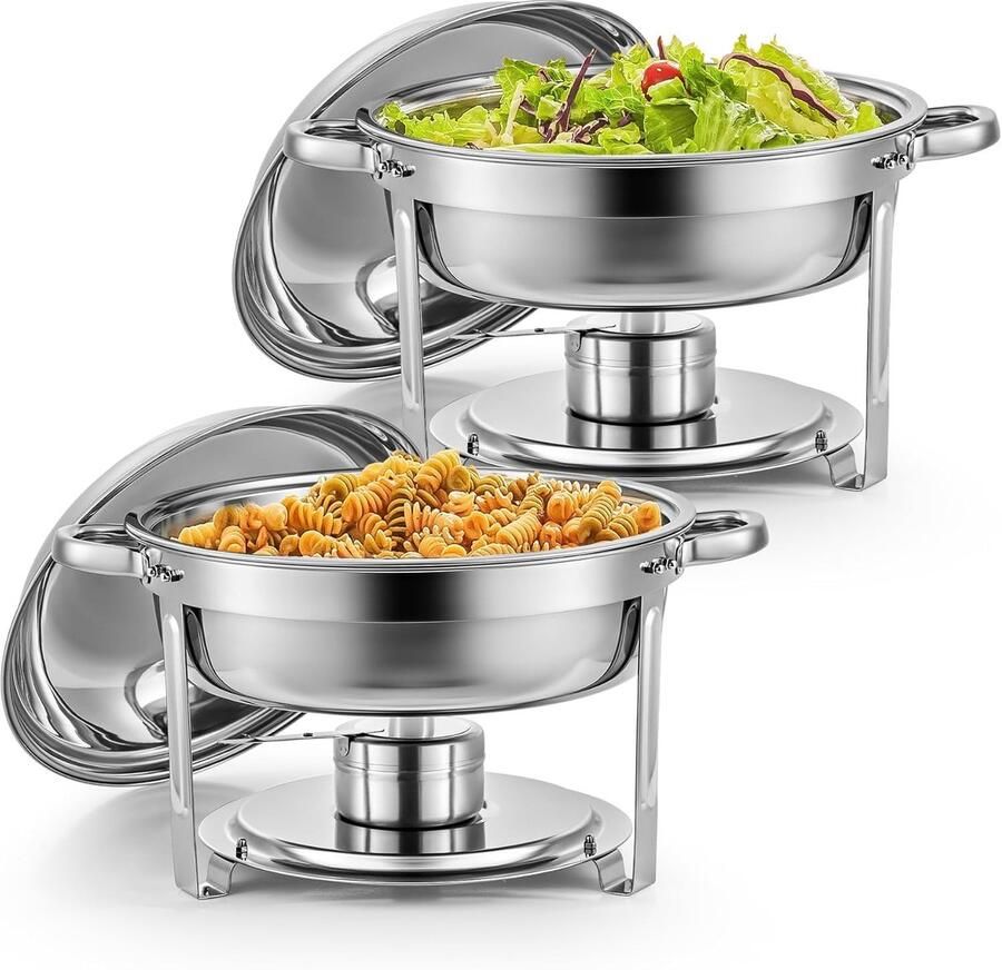 Wilprep Chafing dish rond 5 liter Buffet set van 2 RVS voedselwarmer kit Bain Marie Ø 34 cm met brandpasta houders voor restaurant catering partijen bruiloften picknicks feest