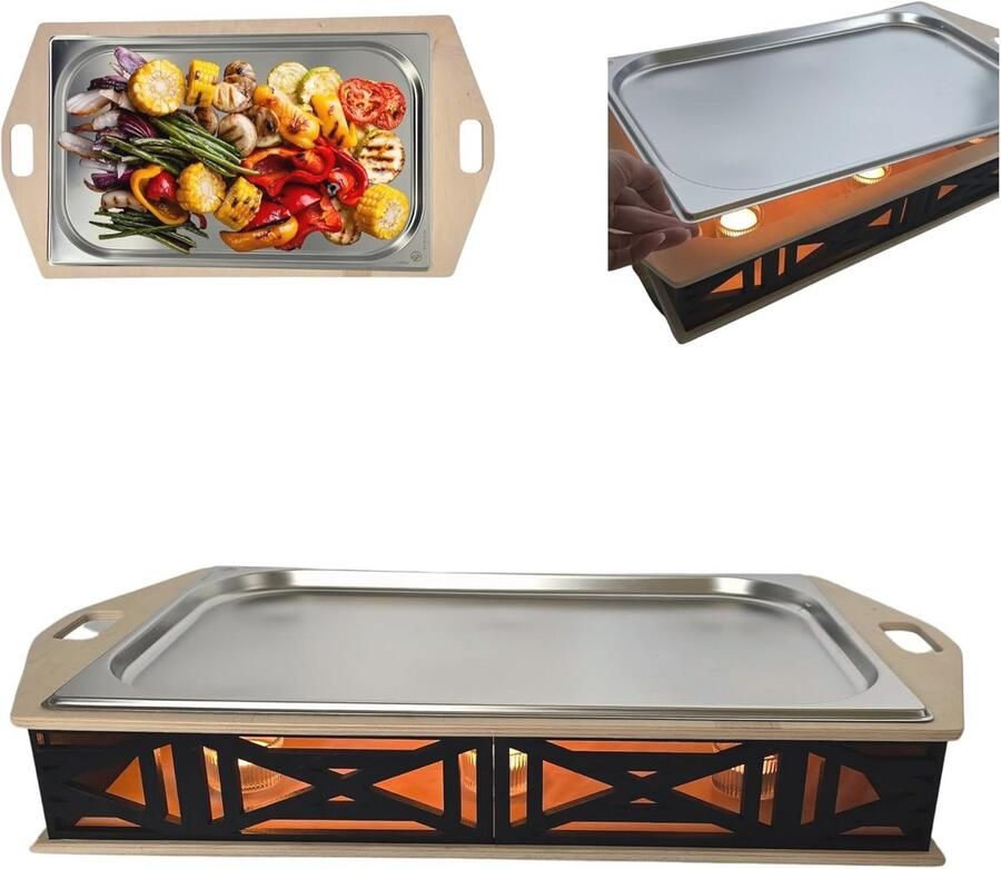 Voedselwarmer voor Barbecue Warmhoudplaat en Serveerschaal met Roestvrijstalen Steun en Theelichtfunctie