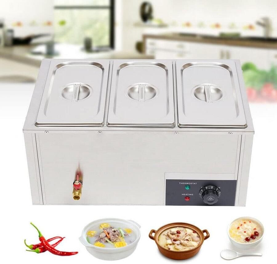 Voedselwarmer Warmhoudapparaat Buffet Catering Evenementen 3 RVS Potten 57.5 x 38 x 27 cm Zilver