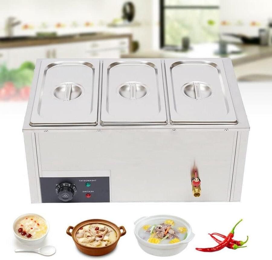 Voedselwarmer Warmhoudapparaat Buffet Eten Warm Houden Met Afvoerkraan 3x 7 Liter Zilverkleurig