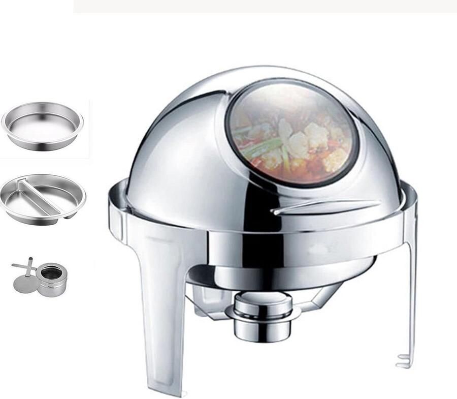 Voedselwarmer Warmhoudhouder Buffet Server Catering Feesten 180° Rol Top Deksel 6 Liter Capaciteit Zilverkleurig