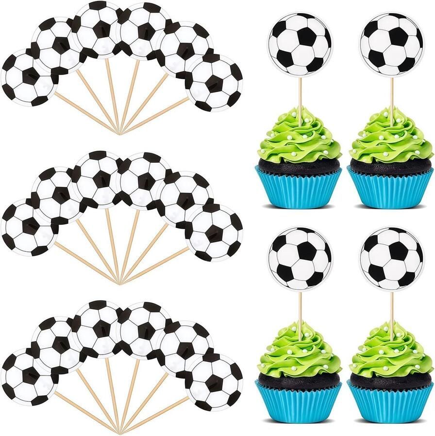 Voetbal 30 stuks Voetbal Cupcake Toppers & Taart Decoratie Sportieve Taart Decoratie voor Kinderverjaardag Baby Shower & Voetbal Thema Feestdecoratie