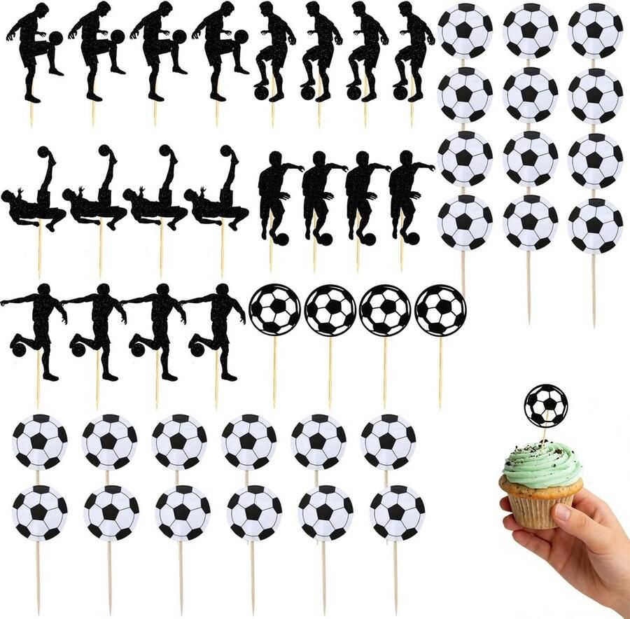 Voetbal cupcaketopper set 48 stuks voetbaldecoratie zwart wit voor sportfeest verjaardag kindertraktatie taart muffin versiering 10cm
