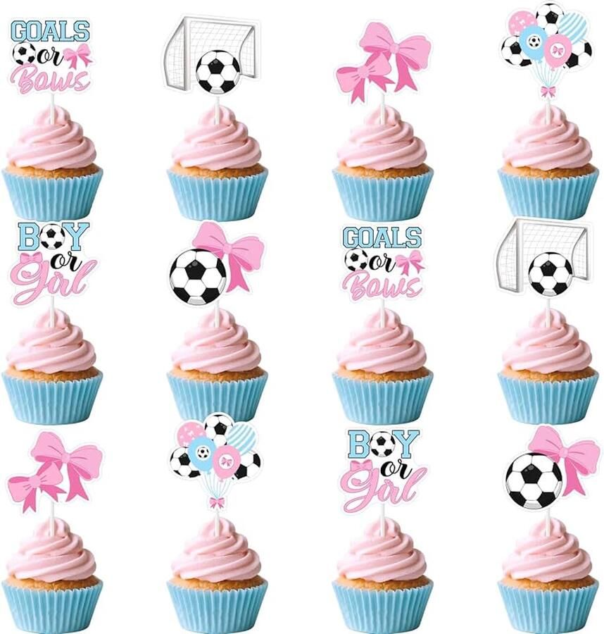 Voetbaldoelen of strikken Gender reveal decoratie 24 stuks jongen of meisje cupcake decoratie voetbal motief babyfeest decoratie Het is een jongen Het is een meisje