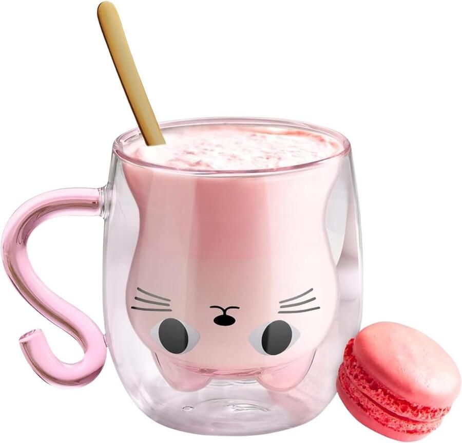 Volumoon Leuke kattenmok melkbeker dubbelwandig geïsoleerde glazen espressokopjes cappuccino latte glazen melkthee kopje doorzichtige mokken met handgrepen voor vrouwen kattenliefhebbers