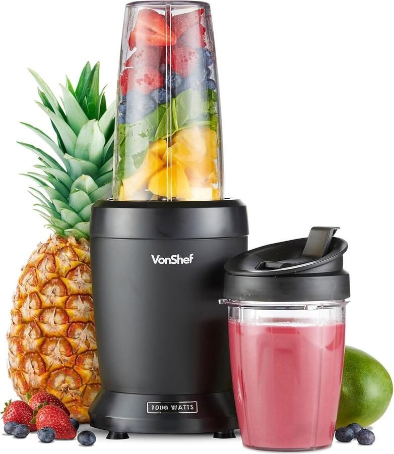 VonShef Blender Smoothiemaker Mini Kitchen Blender for Fruits Vegetables and Ice Crusher 1000W w 500ml & 800ml Portable Cups 1 Button Control Black