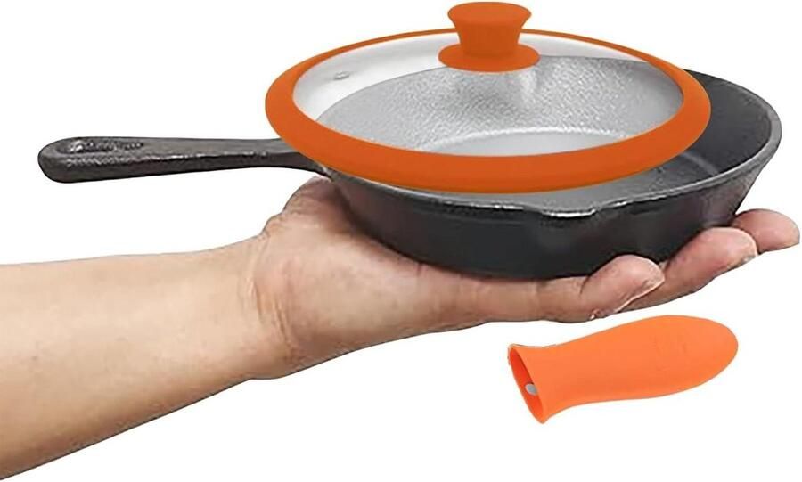 Voorgekruide gietijzeren koekenpan 15 cm met glazen deksel voor omlette en tadka inductievriendelijk niet giftig emailvrij kookgerei geen chemische coating