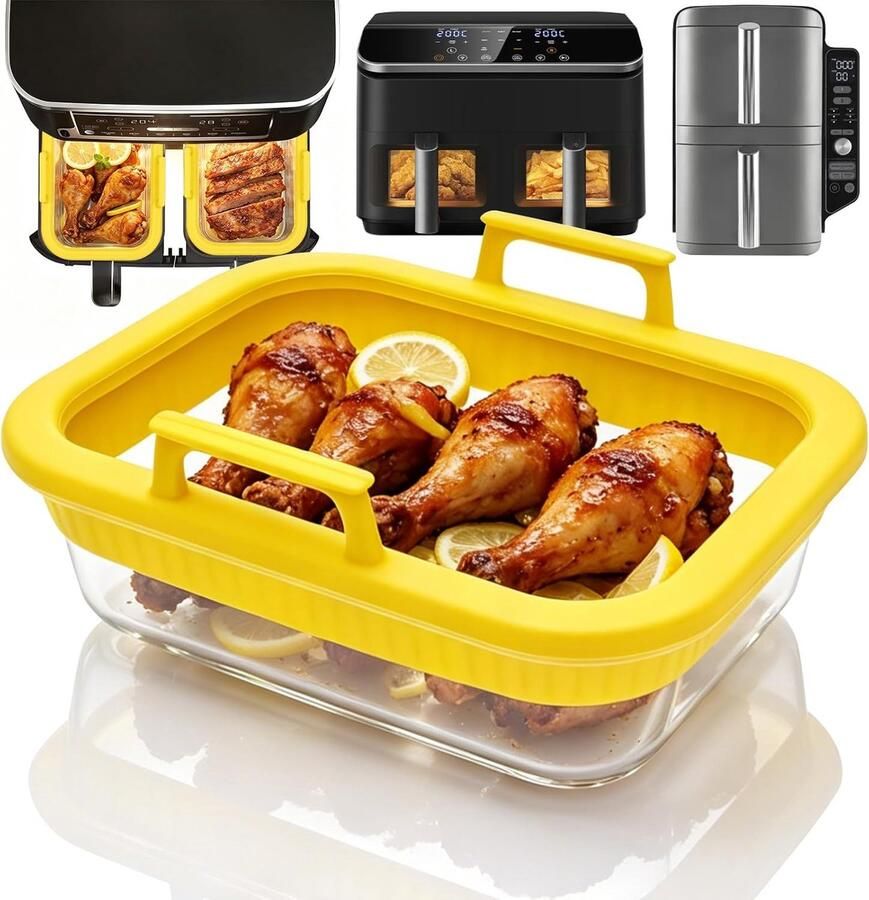 Vorm voor heteluchtfriteuse 1100 ml ovenschaal van glas met siliconen handgrepen accessoires voor dubbele kamer airfryer bakvorm voor oven magnetron vaatwasmachinebestendig geel