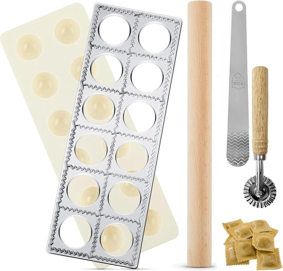 Vormset aluminium vorm met 12 vakjes voor ravioli met pastarol en deegroller van hout complete set 5-delig pastagereedschap voor thuis eenvoudig te bedienen
