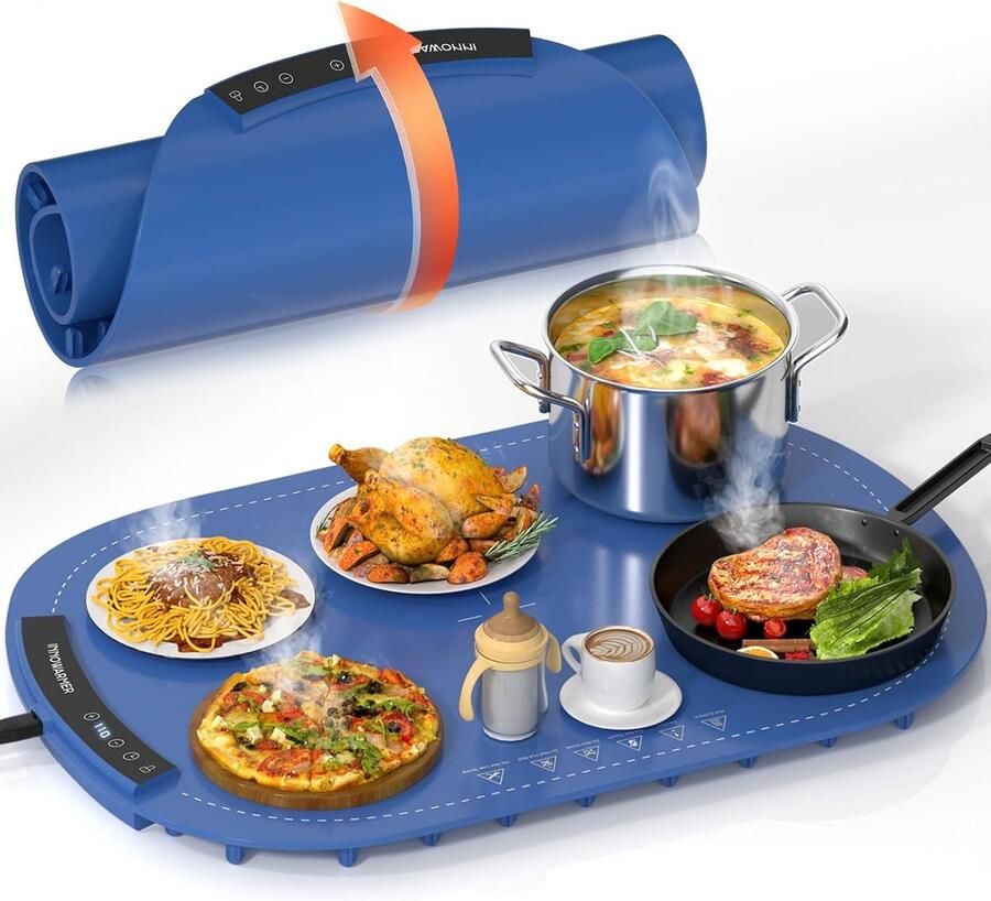Vouwbare elektrische warmhoudplaat met 8 instelbare temperaturen en timer voor buffet en gezin blauw - Foto 1