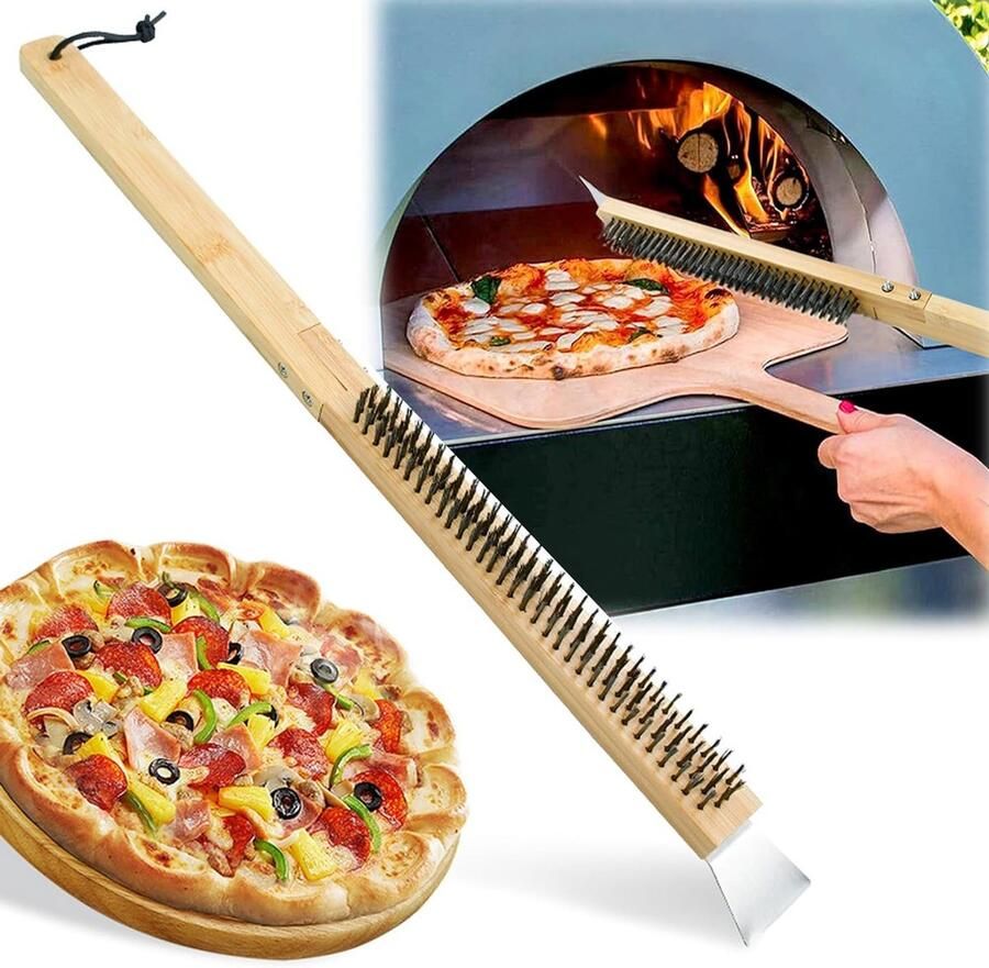 Vouwbare en Afneembare Pizzaborstel van RVS 2-in-1 BBQ Schoonmaakgereedschap met Houten Handvat voor Grill en Oven Ideaal voor Buitenkeuken en Pizzabereiding
