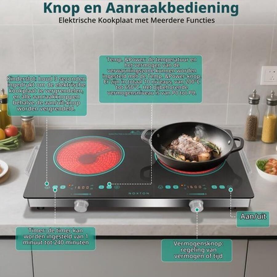 Vrijstaande Elektrische Kookplaat 2 Platen Inductie 3200 W Vermogen Gehard Glas Draagbaar Keukenapparaat