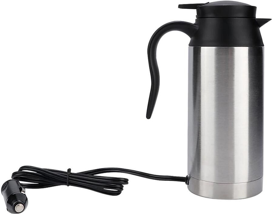 OmGoods Dailygoody Roestvrijstalen Verwarming Mok Elektrische Waterkoker 750ml Ideaal voor Koffie en Thee Handige Reisbeker Zwart en Zilver