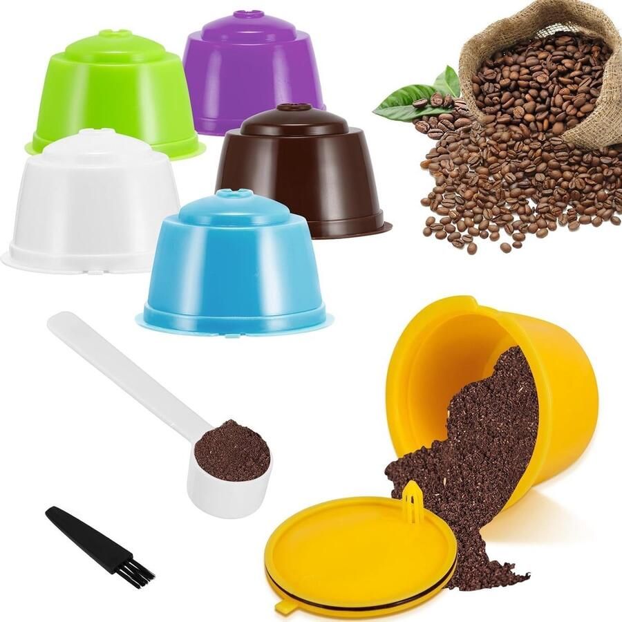 Vulbare Koffiecapsules Set van 6 Herbruikbare Capsules voor Koffiezetapparaat Inclusief Plastic Lepel en Borstel voor Gemakkelijk Gebruik