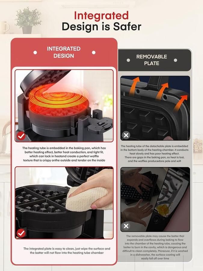 Wafelijzer 1400W Dubbel Belgisch Wafelijzer 180° Draaiing 8 Wafels in 3 Min. Antiaanbakplaten Anti-Verbrandingsbescherming Afneembare Opvangschaal Eenvoudig te Reinigen Wafelijzer