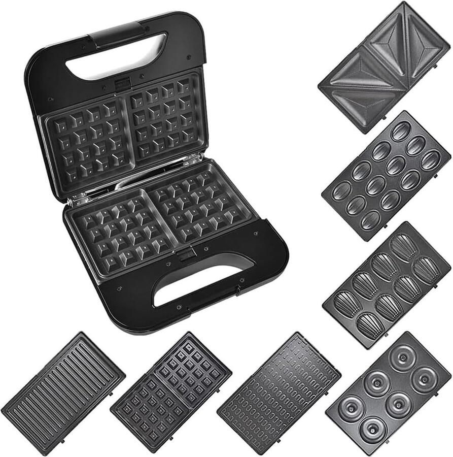 Wafelijzer 7-in-1 Sandwichmaker Grill Ontbijt Maken Verwisselbare Platen 27 cm Zilver