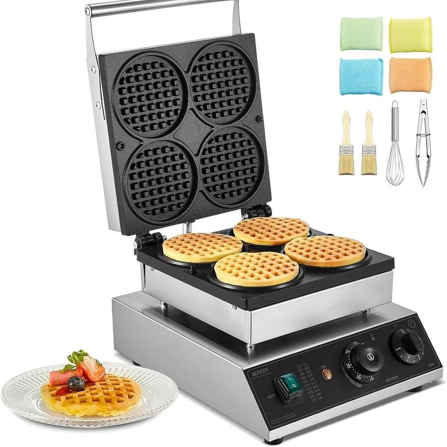 Wafelijzer Apparaat Lekkere Wafels Bakken 4 Stuks Tegelijk 1750 Watt Zilver