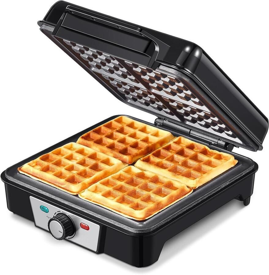 Wafelijzer Apparaat voor wafels Lekkere wafels bakken Instelbare bruining 4 Belgische wafels Zwart