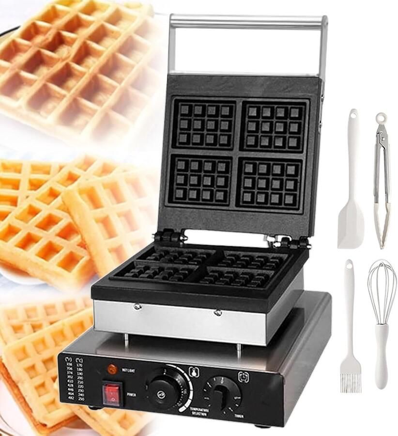 Wafelijzer Apparaat voor Wafels Lekkere Wafels Maken Dubbele Verwarmingsplaten 4-Slice Zilver