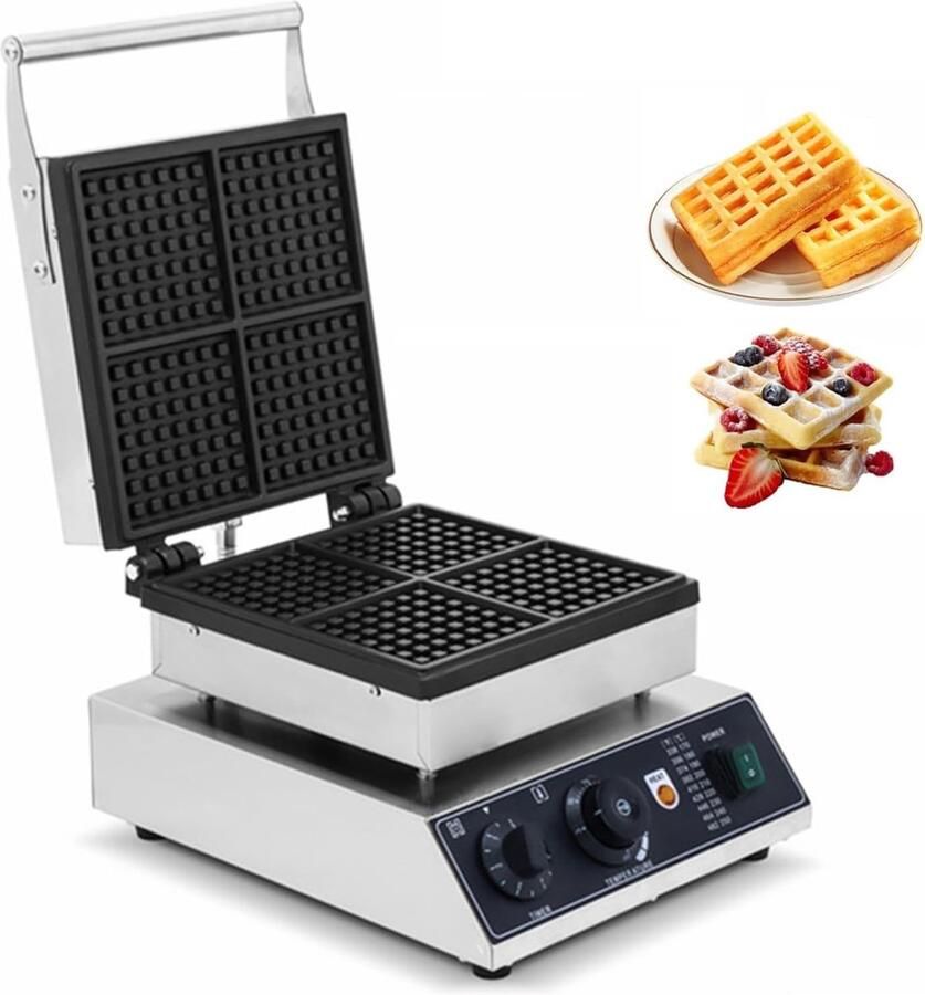 Wafelijzer Bakmachine Zelf Wafels Maken 4 Stuks Anti-aanbak 36x30x24.5cm Zilver