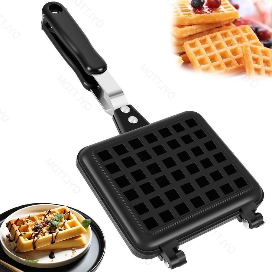 Wafelijzer Bakpan Gietijzeren Wafelvorm Familieontbijt Maken Antiaanbak Gietaluminium 14x14 cm Zwart