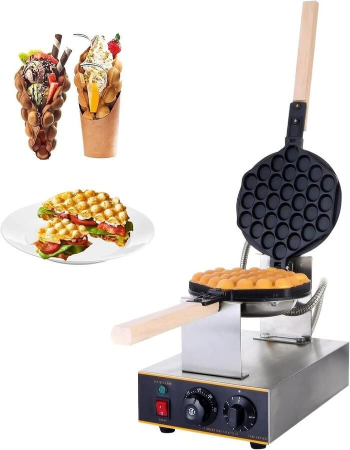 Wafelijzer Bubbel Wafel Maker Snacks Maken 180 Graden Draaibaar 1400 Watt Zilver