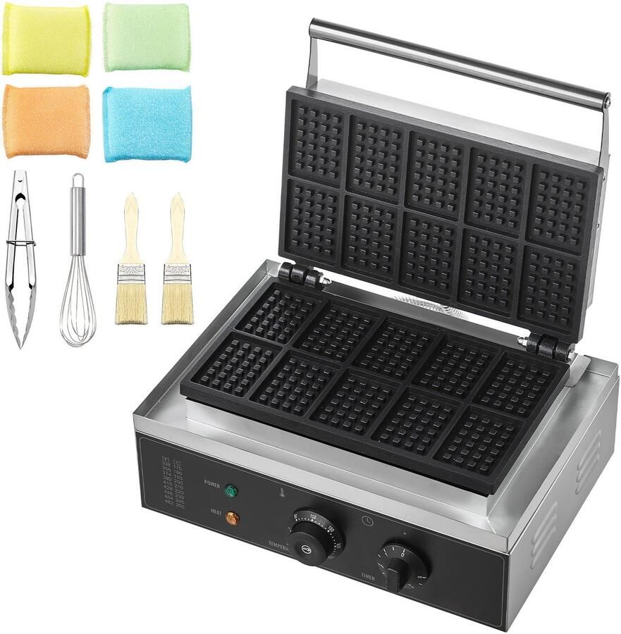 Wafelijzer Commercieel 1550 W Vermogen 10 Stuks Rechthoekige Wafels RVS Behuizing Non-stick Belgian Wafelijzer