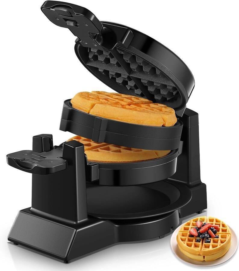 Wafelijzer Dubbel 1400W – Belgisch Wafelijzer met 180° Draaisysteem – Antiaanbaklaag – 2 Wafels in 3 Minuten – Zwart