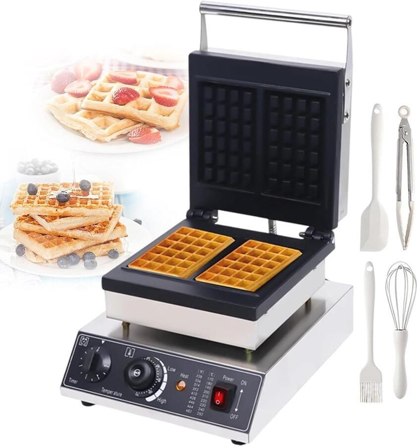 Wafelijzer Dubbel Apparaat voor Wafels Ontbijt Maken Dubbele Verwarmingsplaten 2-Slice Zilver