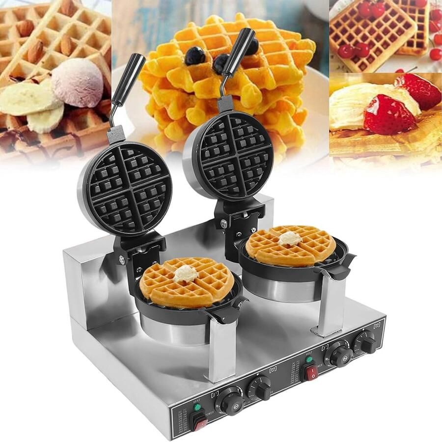 Wafelijzer Dubbel Wafelmaker Professioneel Wafels Bakken Dubbele Verwarming 2400W 20 cm Diameter Zilver
