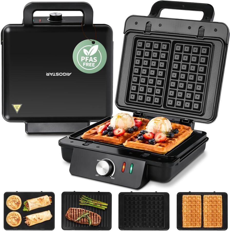 Wafelijzer Elektrisch 1500 W Vermogen XXL Afneembare Platen Keramisch Antiaanbaklaag Zwart Multifunctioneel Grill En Sandwichmaker