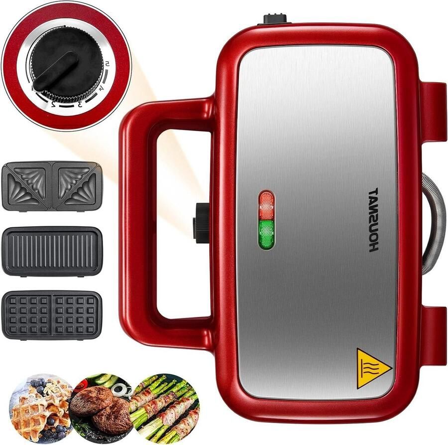 3-in-1 Tosti Apparaat Wafelijzer Grill Ontbijt Maken 5 Snelheden Temperatuur 1200 Watt Rood