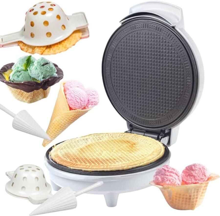 Wafelijzer en Schaalmaker IJshoorntjes Maker Zelf IJsgerechten Maken Inclusief Vormrol Kompers 350 Watt Wit