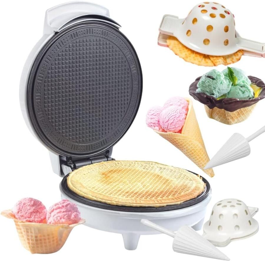 Wafelijzer en Schaalmaker IJshoorntjes Maker Zelf IJsgerechten Maken Inclusief Vormrol Kompers 350 Watt Wit