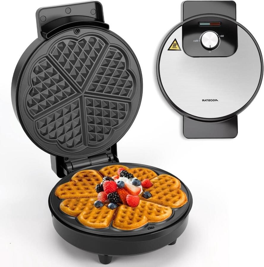 Wafelijzer Hartjes Apparaat Bakken Lekkere Wafels Maken Verstelbare Temperatuur 19 cm Platen Zilverkleurig