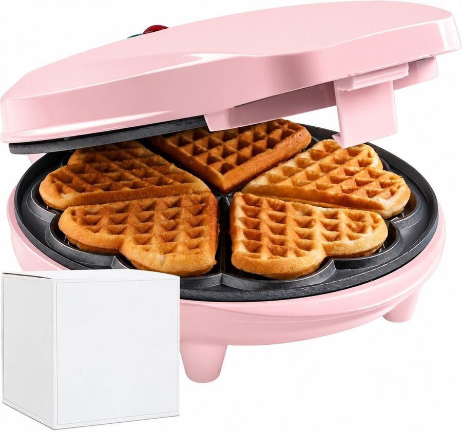 Wafelijzer Hartvorm – 5 Hartwafels – Antiaanbaklaag – Automatische Temperatuurregeling – 700 W – Roze