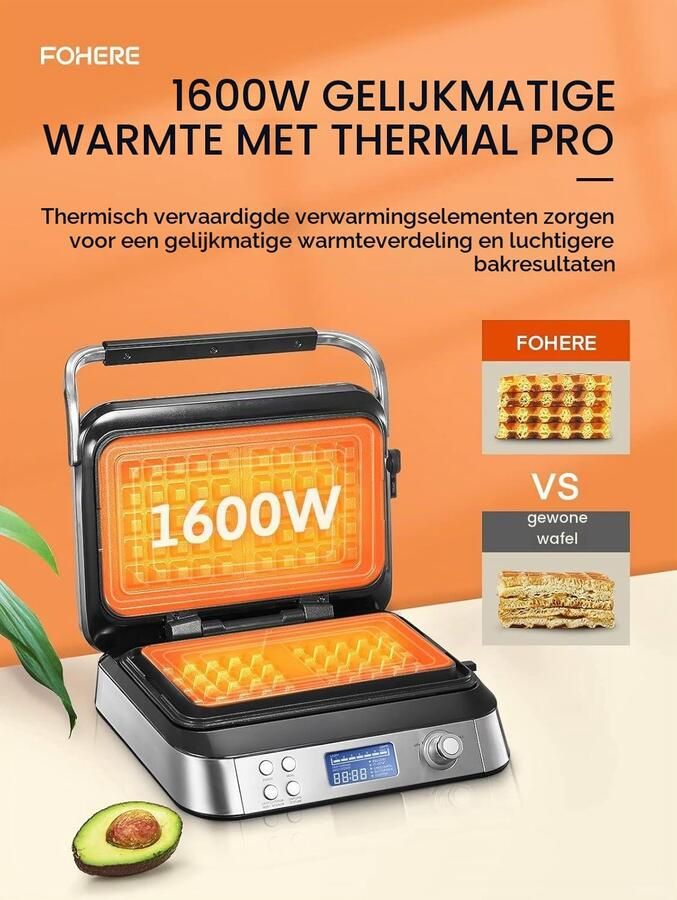 Wafelijzer met antiaanbaklaag 7 bruiningsniveaus 5 programma's gezinsformaat digitaal display overloopbeveiliging 1600 W afteltimer hoorbare waarschuwingen (zilver)