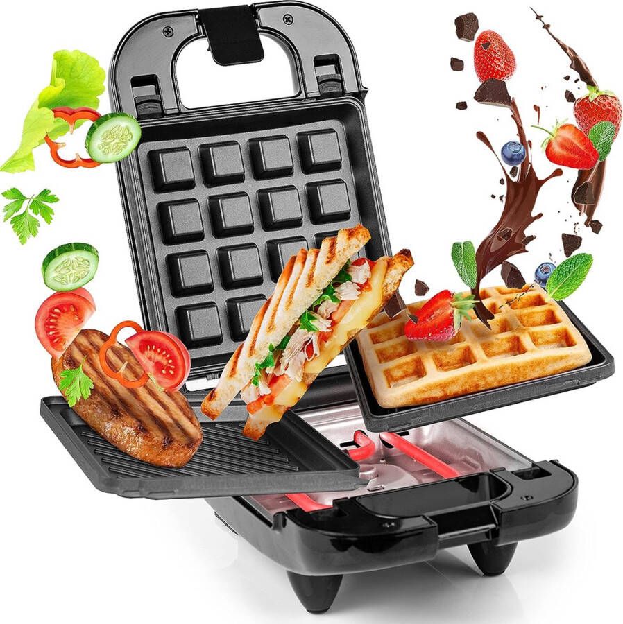 VBZ Wafelijzer Met Verwisselbare Platen – Tosti Apparaat 3 in 1 – Wafelmaker – Panini Grill – Contactgrill voor Wafels Vlees en tosti s