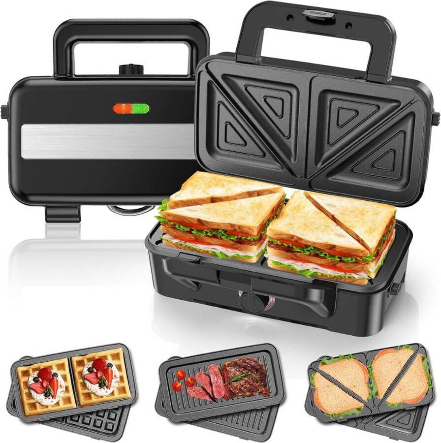 Wafelijzer Met Verwisselbare Platen – Tosti Apparaat Met 5-Traps Temperatuurregeling – Grill Apparaat Met 3 Antiaanbakplaten Wafelmaker – Contactgrill Met Cool-touch Handgreep – 3-in-1 Sandwich Maker– Panini Grill