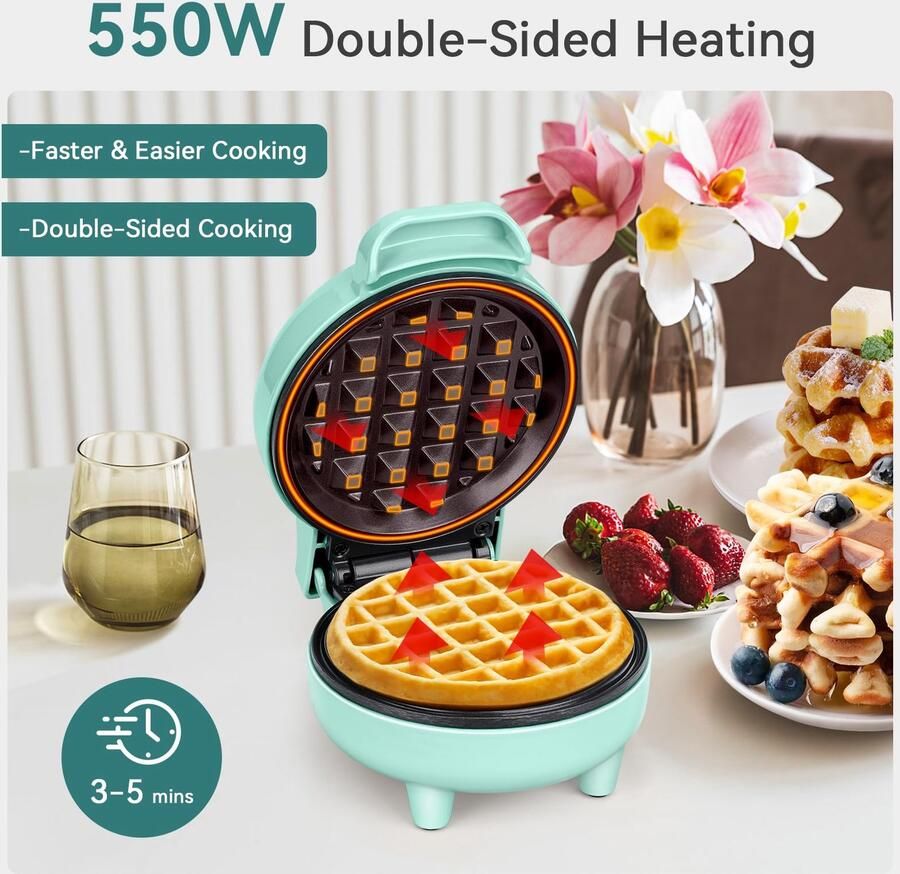 Wafelijzer mini-wafelijzer 550 W met anti-aanbaklaag automatische temperatuur compact design groen