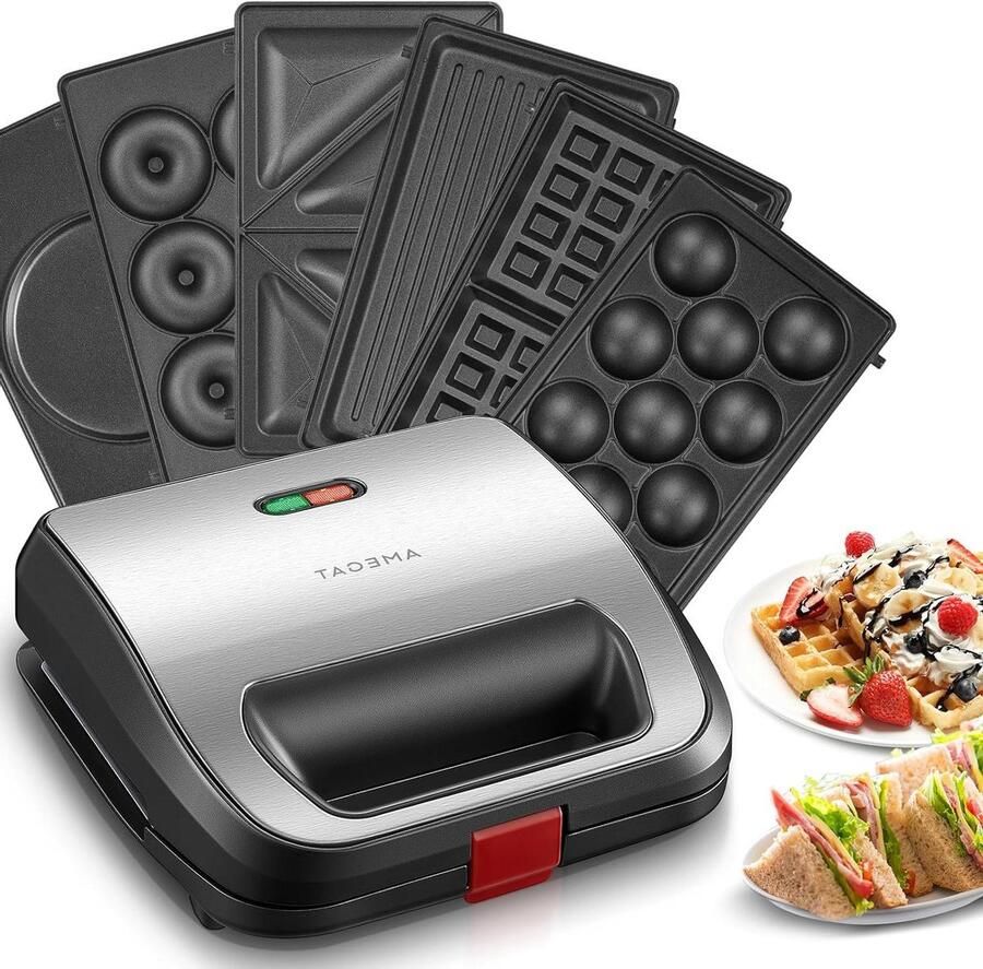 Wafelijzer Sandwichmaker Grill Veelzijdig Bakken 6 Verwisselbare Platen 750 Watt Staal