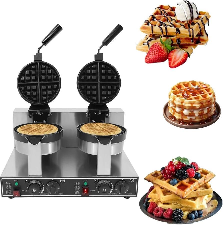 Wafelijzer Roterend Dubbele Plaat Lekkere Wafels Bakken 2400W Hoge Efficiëntie 20 cm Diameter Zilver