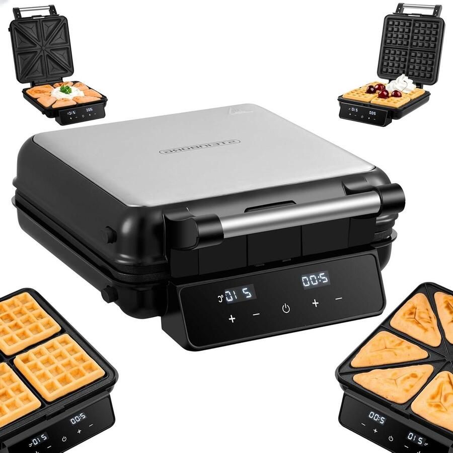 Wafelijzer Sandwichmaker 2-in-1 Apparaat Ontbijt en Snacks Afneembare Platen 1500 Watt Zwart Zilver