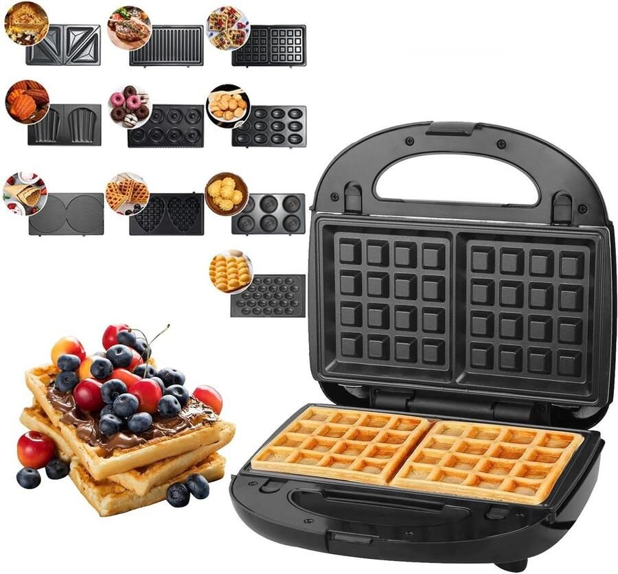Wafelijzer Sandwichmaker Snacks Maken 10 Verwisselbare Platen 750 Watt Zwart