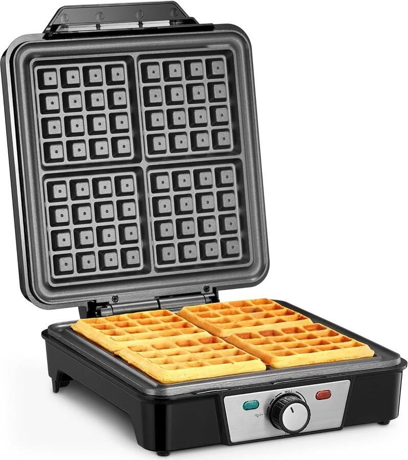 Wafelijzer voor 4 Belgische wafels 1200 W elektrisch met anti-aanbaklaag instelbare temperatuur en eenvoudig schoon te maken roestvrij staal