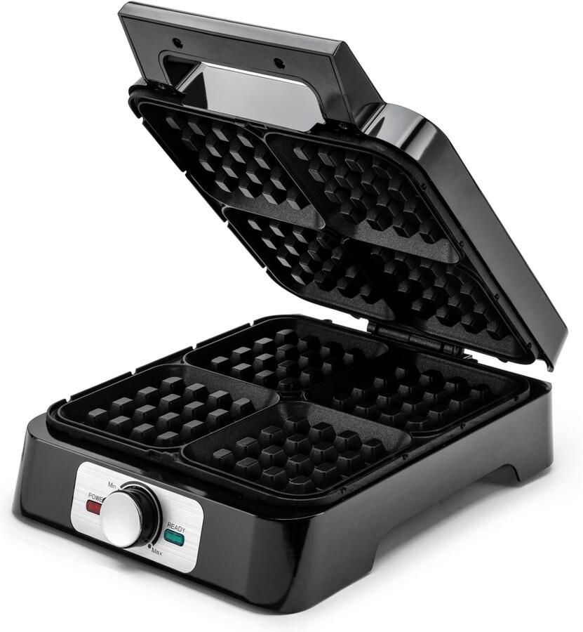 Wafelijzer voor 4 Belgische Wafels 1500W RVS met Antiaanbaklaag Instelbare Temperatuur Controlelampje Cool-Touch Handgreep Zwart