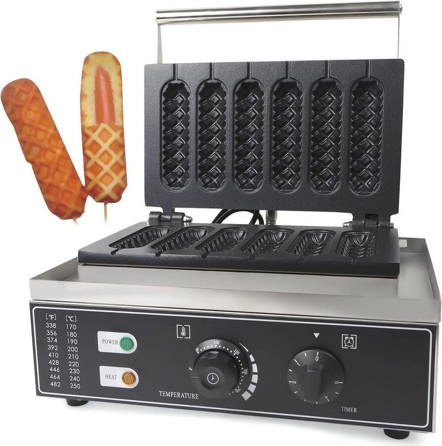 Wafelijzer voor 6 wafels en hotdogs 1500W roestvrij staal professioneel en gemakkelijk te gebruiken
