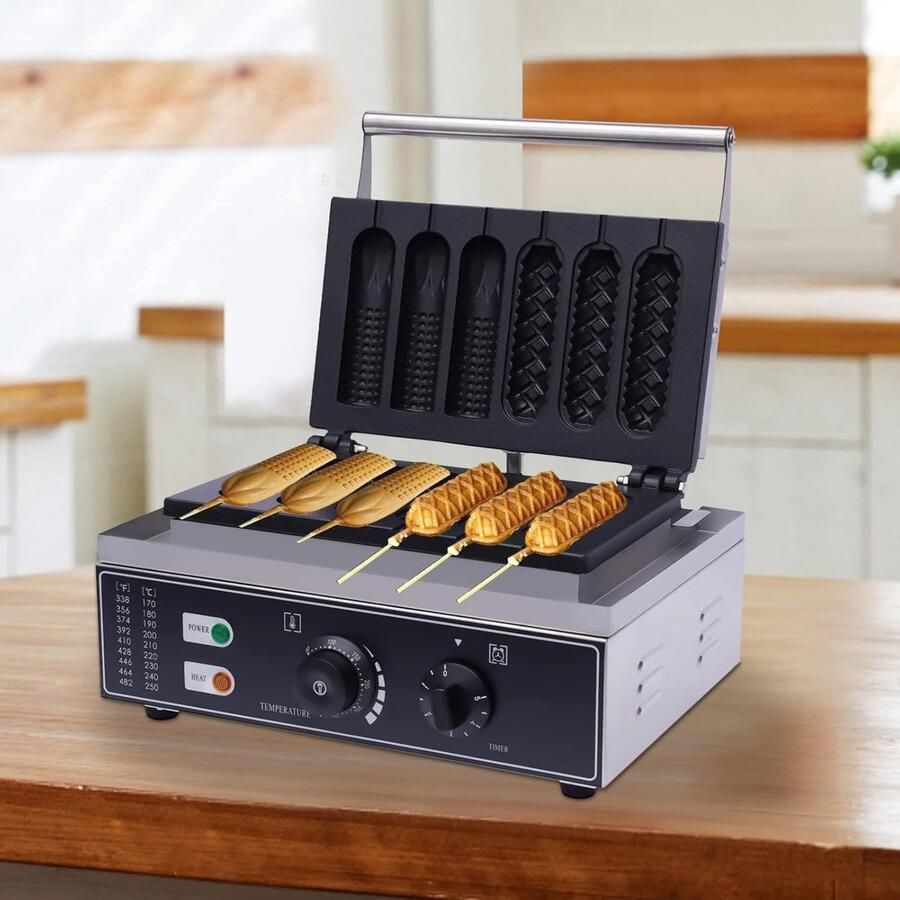 Wafelijzer voor 6 Wafels Wafelmaker Hotdog Wafels Bakken voor Horeca Dubbele Anti-aanbak Platen