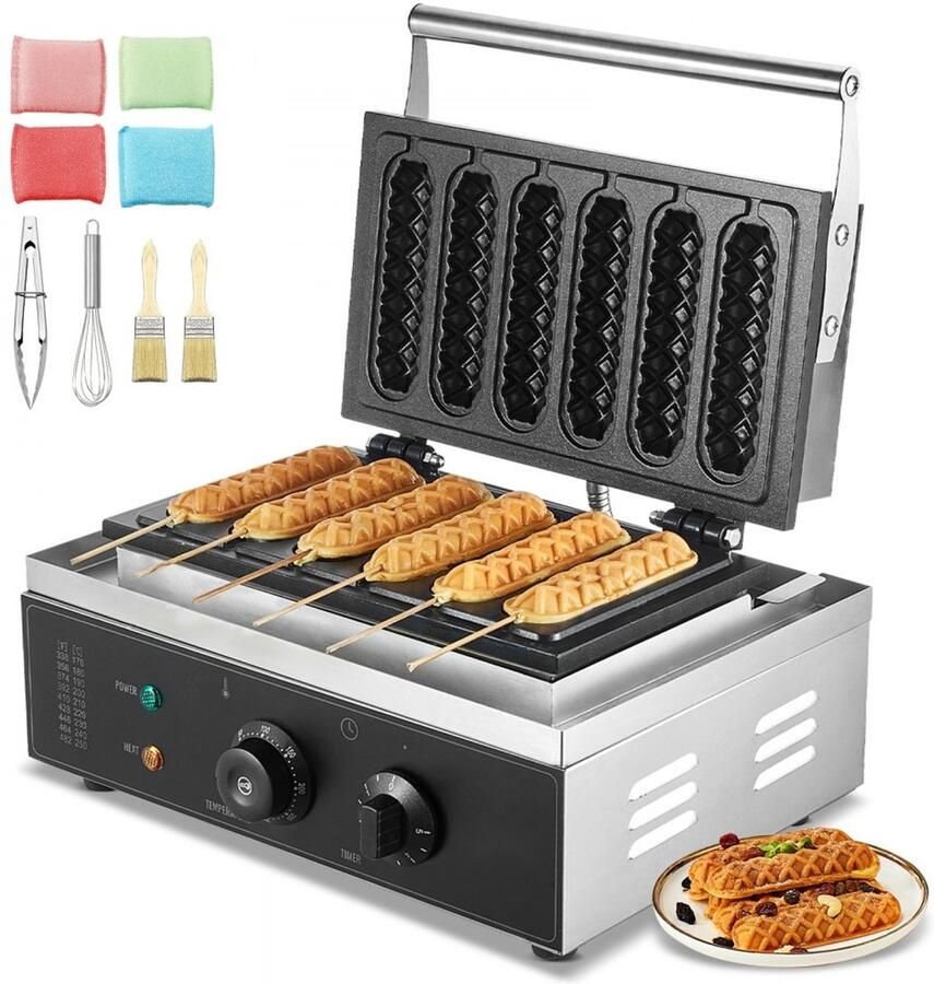 Wafelijzer voor maïshotdogs en hotdogs Commercieel 6-vaks Vermogen 1500 W Antiaanbaklaag RVS Behuizing Instelbare Temperatuur en Timer