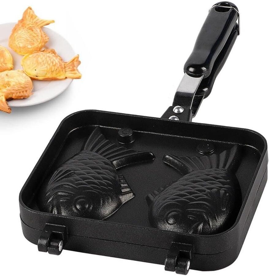 Wafelijzer voor Taiyaki Wafels in Visvorm 2 Antikleefmallen Compact en Handig voor Thuis